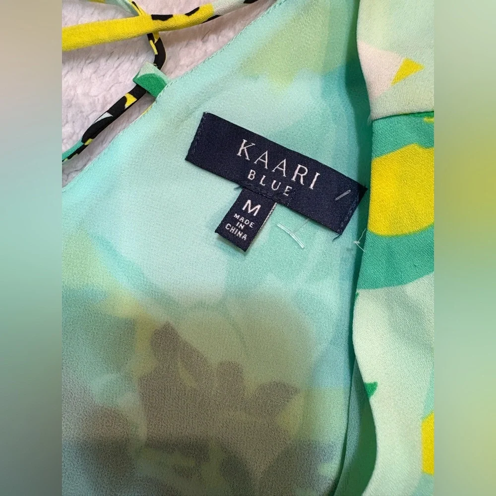 NWOT Kaari‎ Blue Green Yellow Print Tie Back Slit Sleeve Shift Dress Medium M